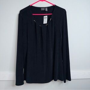 Chico's Black Long-Sleeve Scoop Neck Pleated Front Blouse with Gold Chain Accent